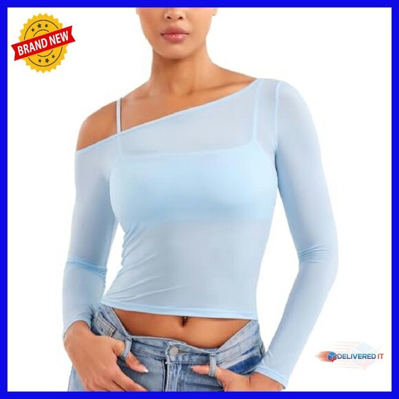 Sheer Long Sleeve Crop Top, One Shoulder Yoga Tee, Quick-Dry Workout - Picture 2 of 8